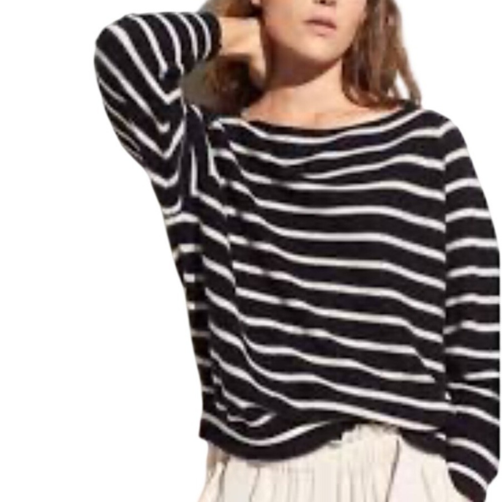 Vince Striped Boat Neck Cotton Sweater Womens L Waffle Knit Raglan Sleeve Blue